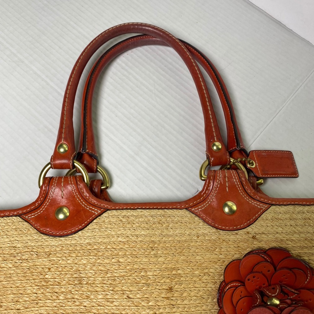 Coach Straw Leather Flower Tote Bag Beige Orange Summer Woven Beach Coastal Boho - Picture 13 of 15
